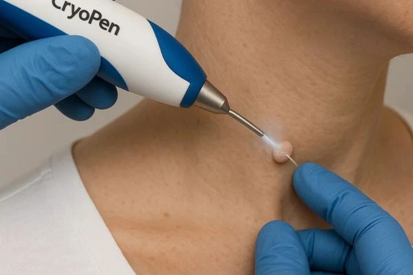 Person receiving cryotherapy Eastcote for skin tag removal
