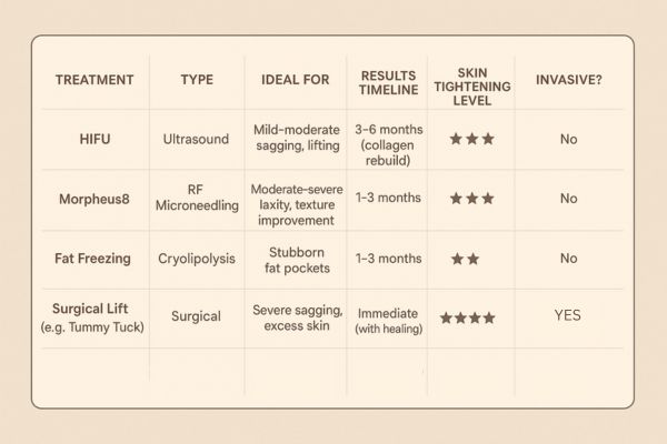 Table showing the comparisons of Skin tightening Eastcote treatment options.